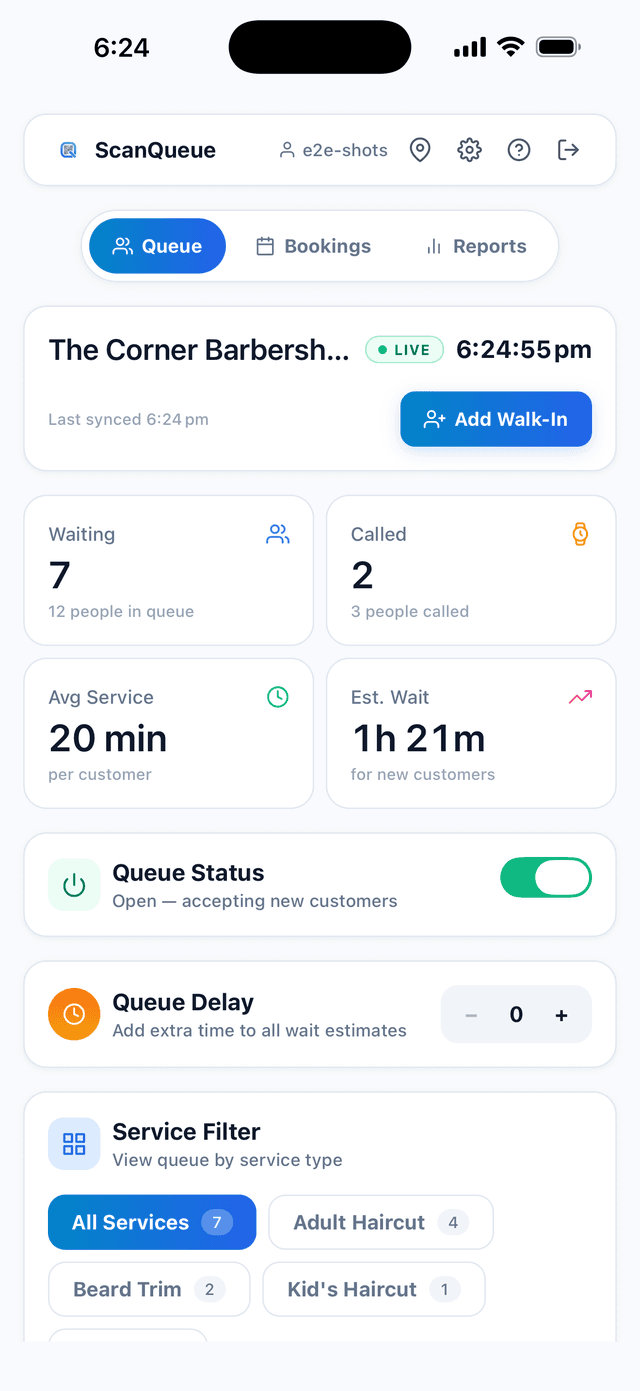 ScanQueue staff app on iPhone showing the live queue, waiting and called counts, and estimated wait time